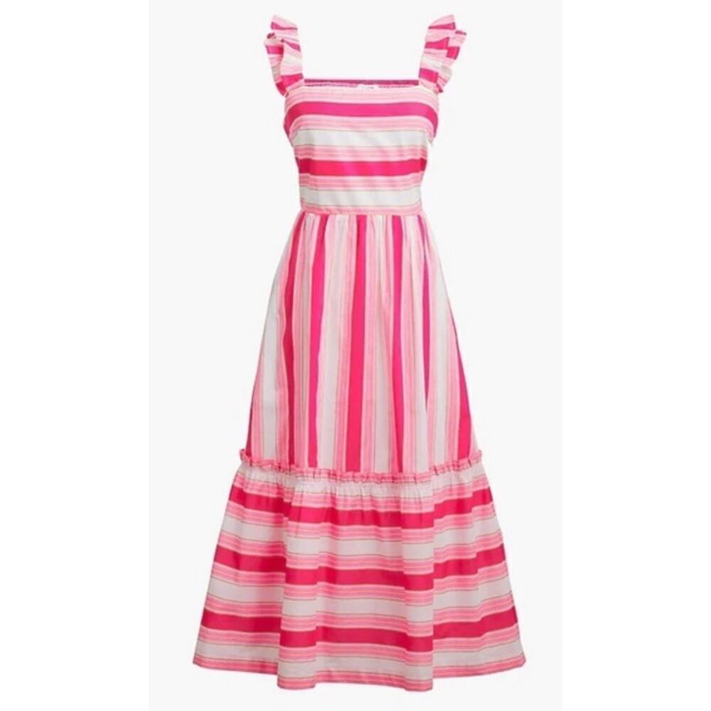 NWOT Womens J.Crew Square Neck Midi Dress Pink White Stripes Ruffles Cotton Sz 0